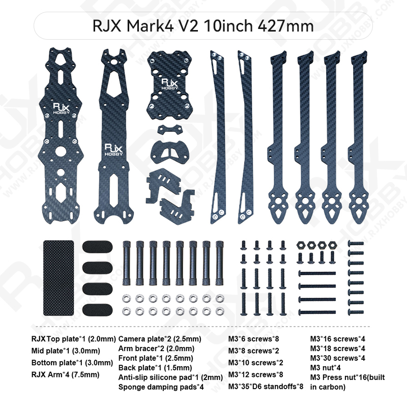 RJX Mark4 V2 10inch 427mm Carbon Fiber Twill matte Frame Kit For